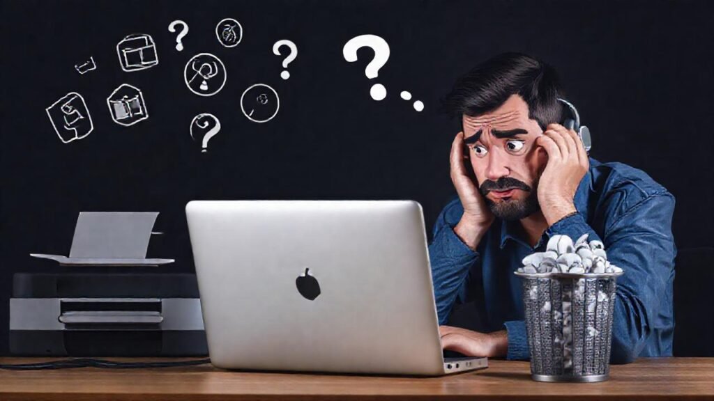 El hombre frustrado busca soporte técnico