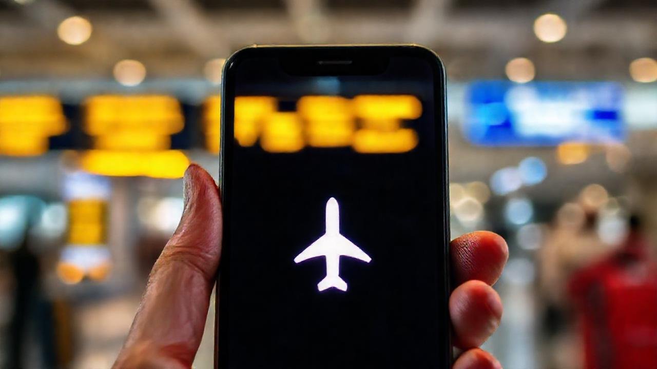 Viajero confundido frente a un smartphone brillante