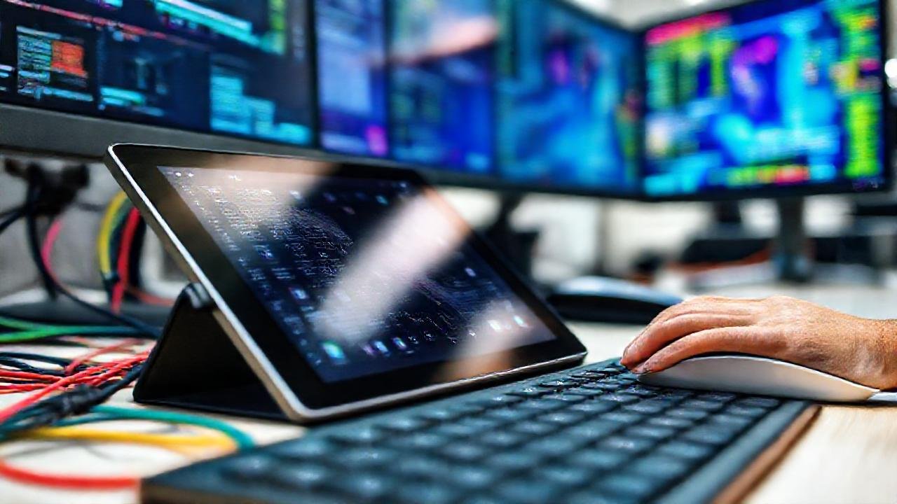 Un moderno escritorio tecnológico y diverso