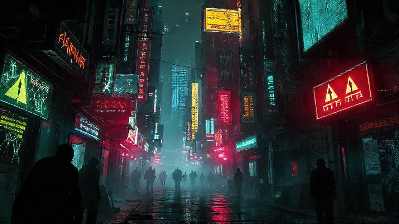 Ciudad cyberpunk digitalmente fragmentada y sombría