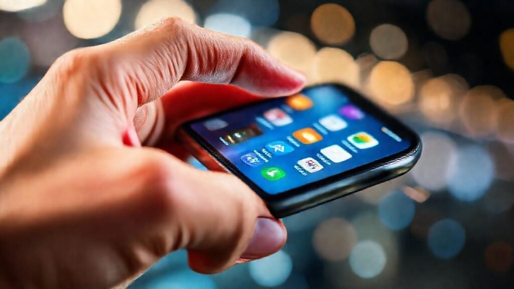 Mano moderna interactúa con iPhone brillante