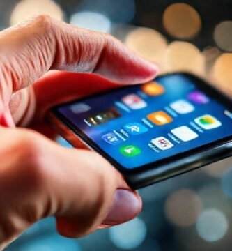 Mano moderna interactúa con iPhone brillante