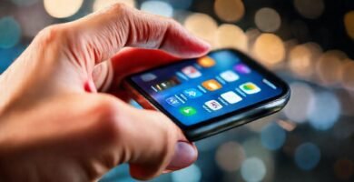 Mano moderna interactúa con iPhone brillante