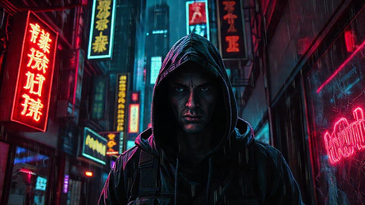 Ciudad cyberpunk decadente y sombría