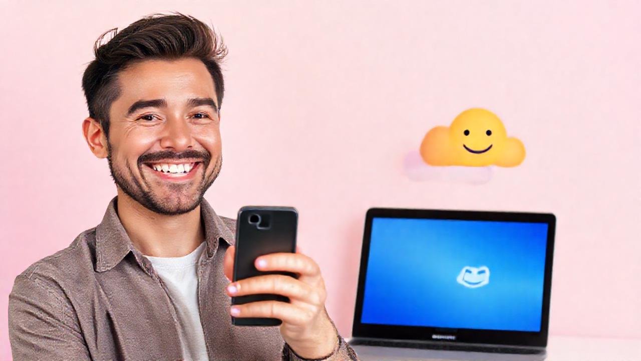 Hombre comparte tecnología con una sonrisa