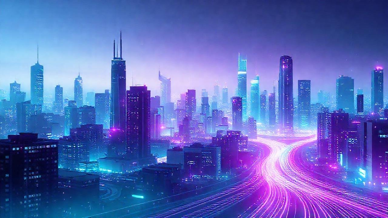 Ciudad futurista digital, líneas limpias y coloridas