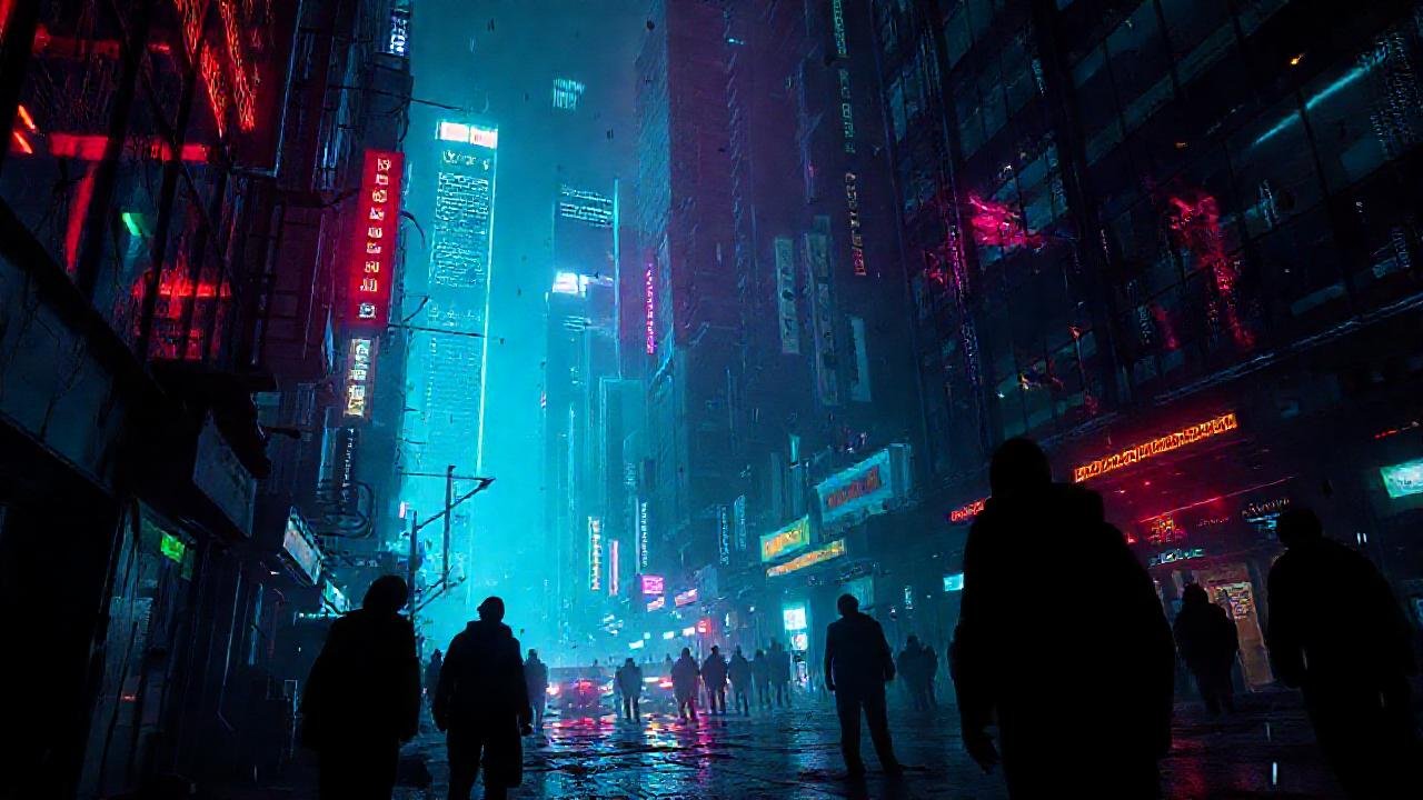 Ciudad cyberpunk digital y oscura