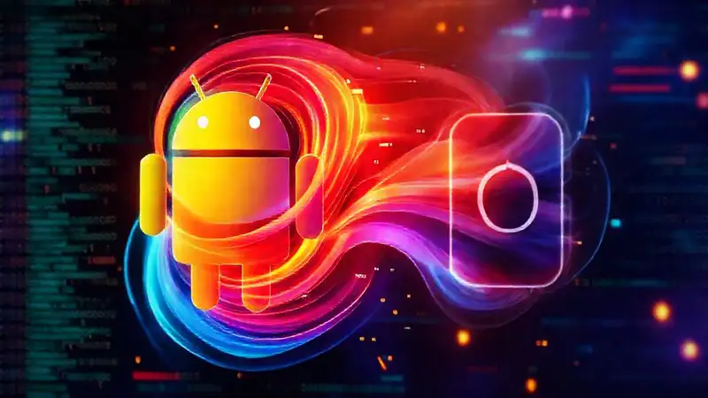 Icono Android futurista, código dinámico y colorido