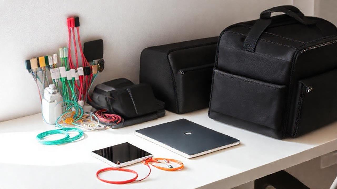 Un escritorio moderno y colorido exhibe productos