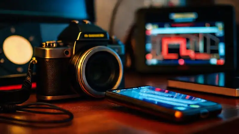 Tecnología vintage en contraste vibrante