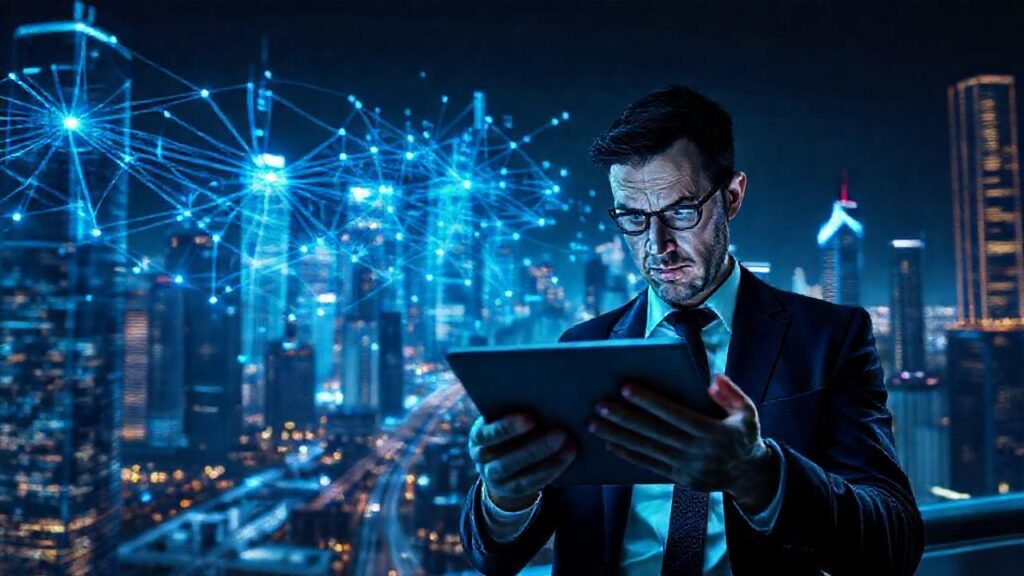 Un hombre angustiado observa una ciudad digital