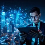 Un hombre angustiado observa una ciudad digital