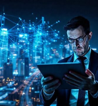 Un hombre angustiado observa una ciudad digital