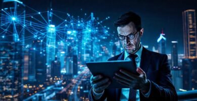 Un hombre angustiado observa una ciudad digital