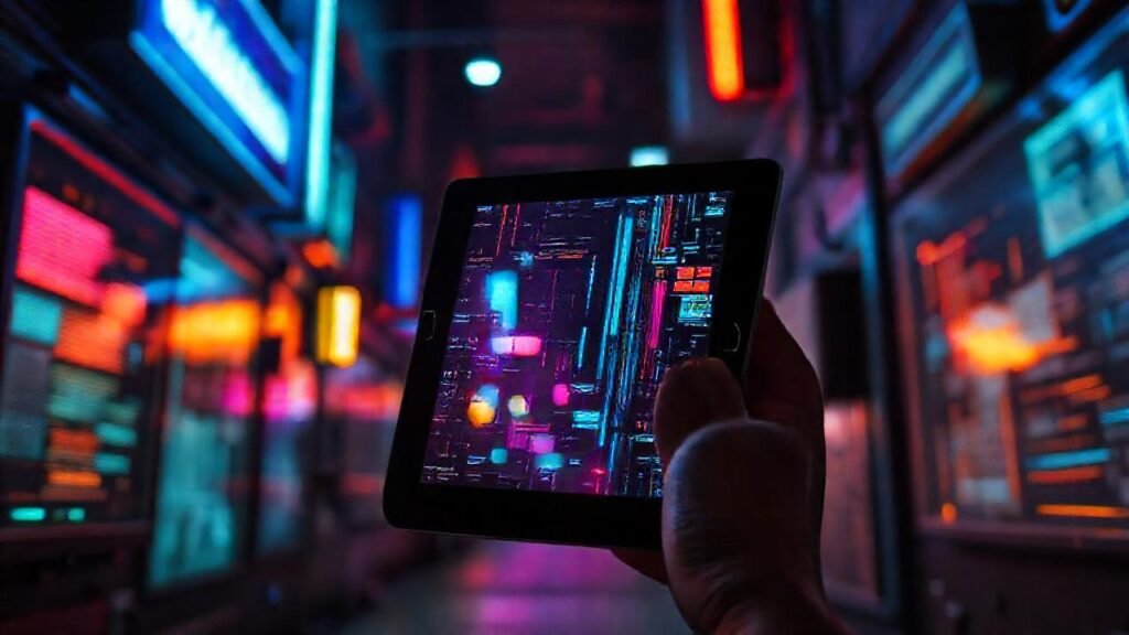 Un iPad cyberpunk resplandece en la oscuridad