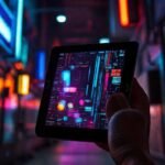 Un iPad cyberpunk resplandece en la oscuridad