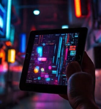 Un iPad cyberpunk resplandece en la oscuridad