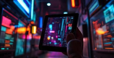 Un iPad cyberpunk resplandece en la oscuridad