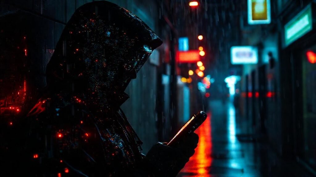 Hacker cibernético en lluvia digital