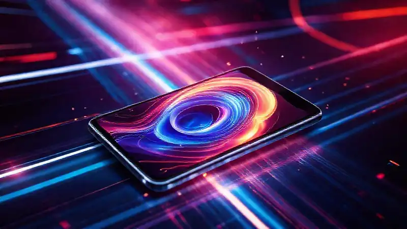 Tableta futurista con interfaz brillante y dinámica