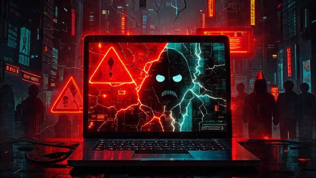MacBook cyberpunk: futuro oscuro y roto