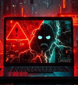 MacBook cyberpunk: futuro oscuro y roto