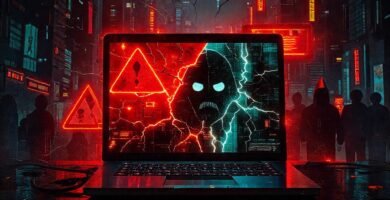 MacBook cyberpunk: futuro oscuro y roto