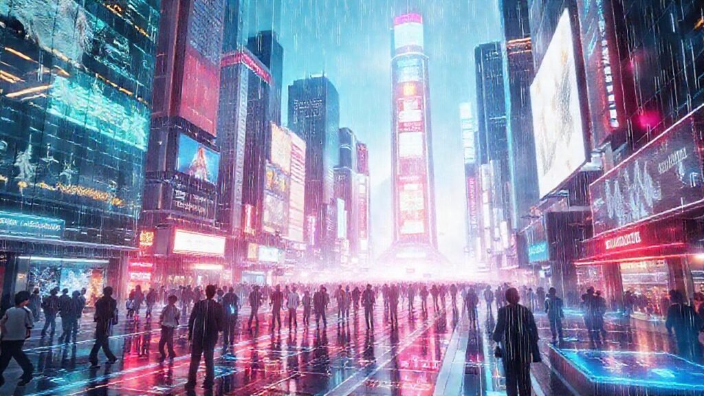 Ciudad futurista digitalmente vibrante e interactiva