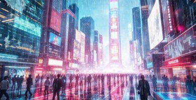 Ciudad futurista digitalmente vibrante e interactiva