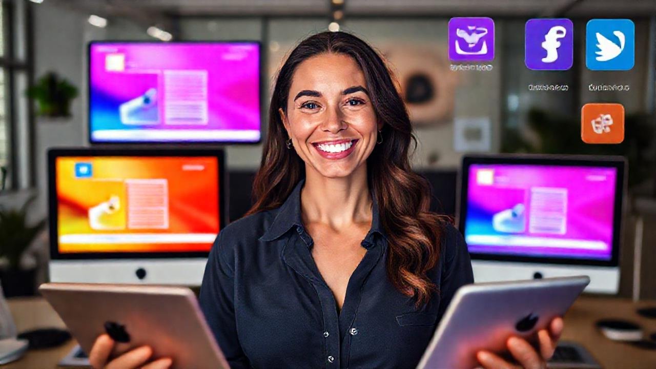 Mujer sonríe enseñando Apple con optimismo