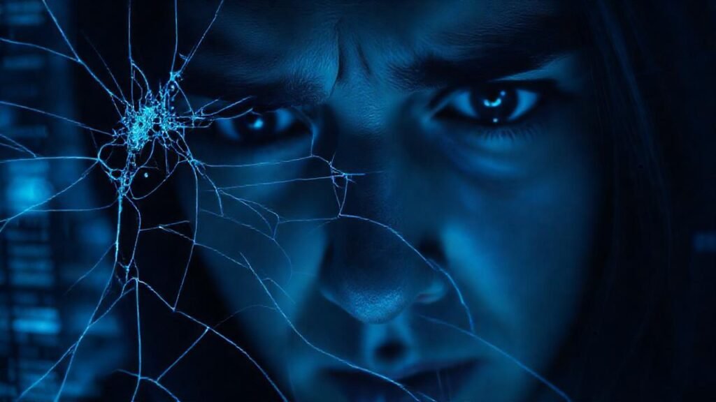 Un rostro ansioso frente a una pantalla rota