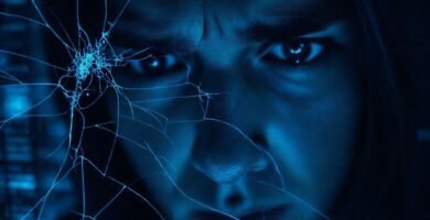 Un rostro ansioso frente a una pantalla rota