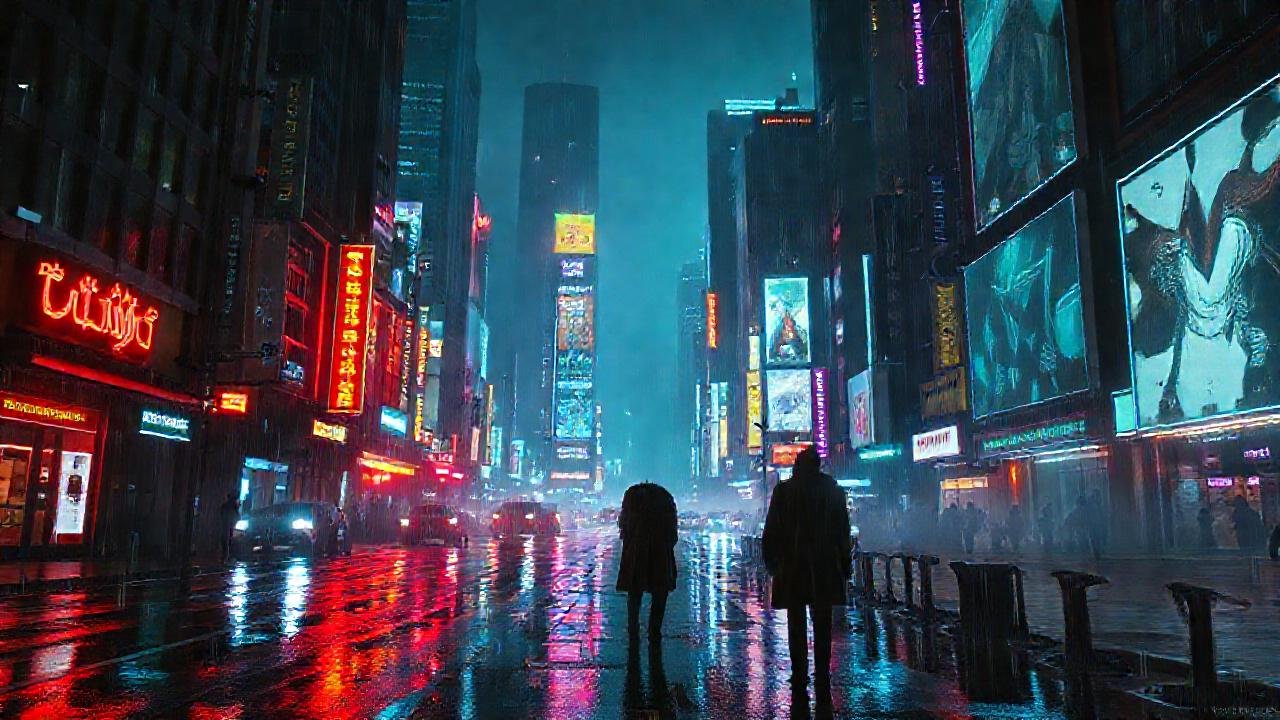 Ciudad cyberpunk vibrante, oscura y digital