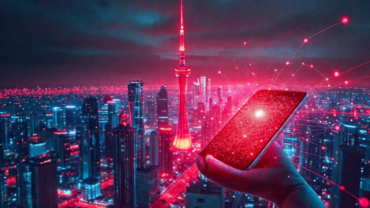 Ciudad futurista, red digital vibrante