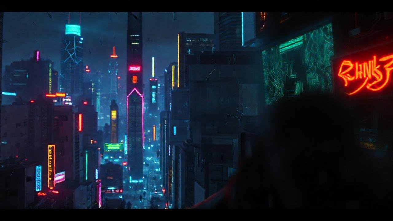 Ciudad cyberpunk, neón roto y sombrío
