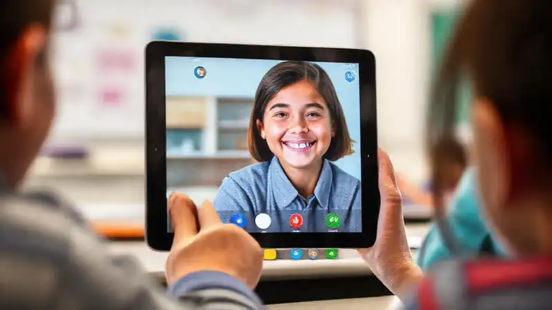 El estudiante aprende felizmente con iPad