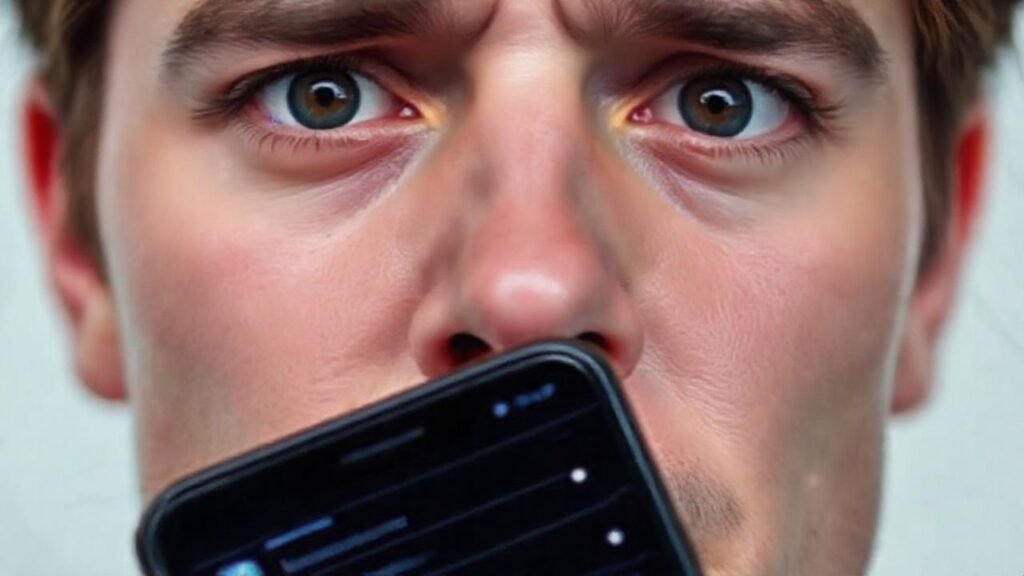Cara preocupada frente a un iPhone