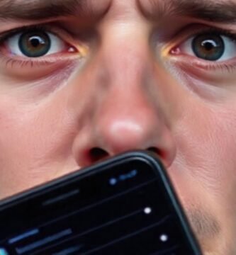 Cara preocupada frente a un iPhone