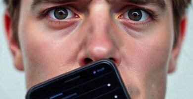 Cara preocupada frente a un iPhone