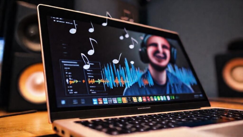 Músico crea música en portátil brillante