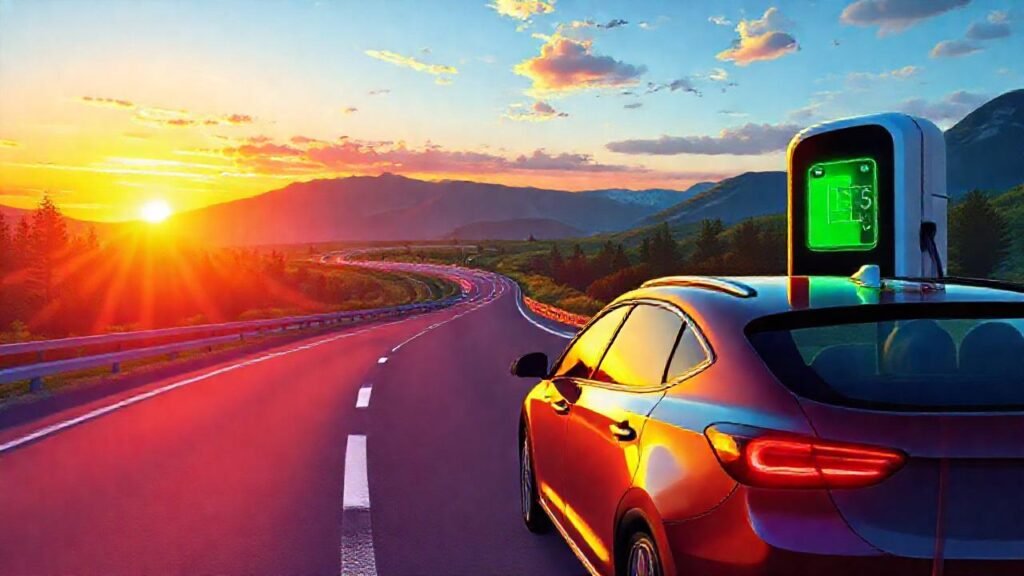 Viajero feliz carga su coche al atardecer