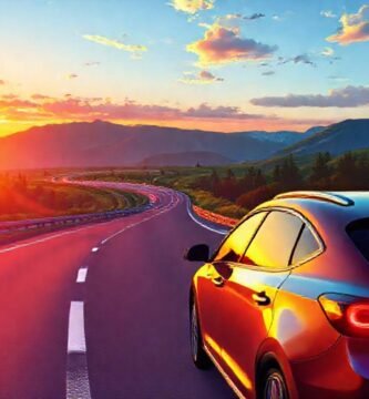 Viajero feliz carga su coche al atardecer