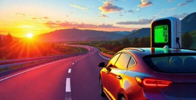 Viajero feliz carga su coche al atardecer